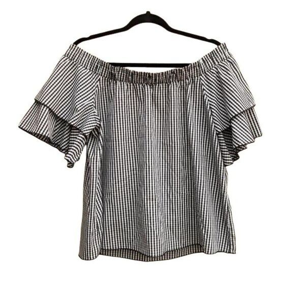 Picnic Gingham Plaid Off The Shoulder Tiered Ruffle Statement Sleeve Top Sz XL - Picture 1 of 11